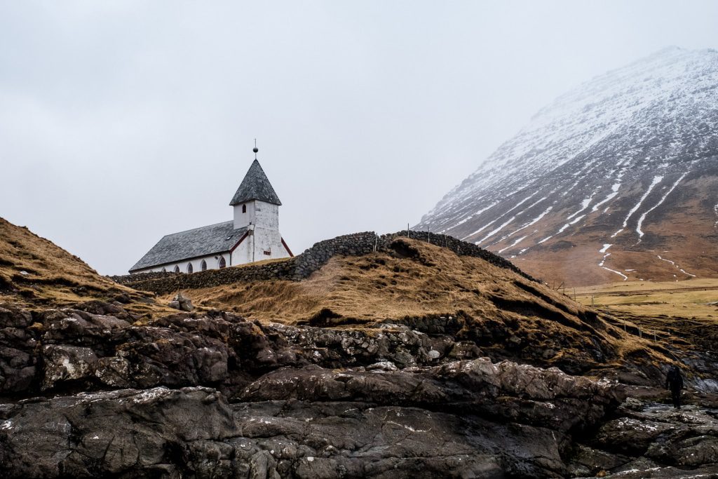 Church above the ocean in Viðareiði on the Faroe Islands