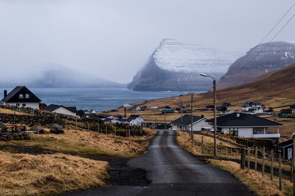 Roud through the village of Viðareiði on the Faroe Islands